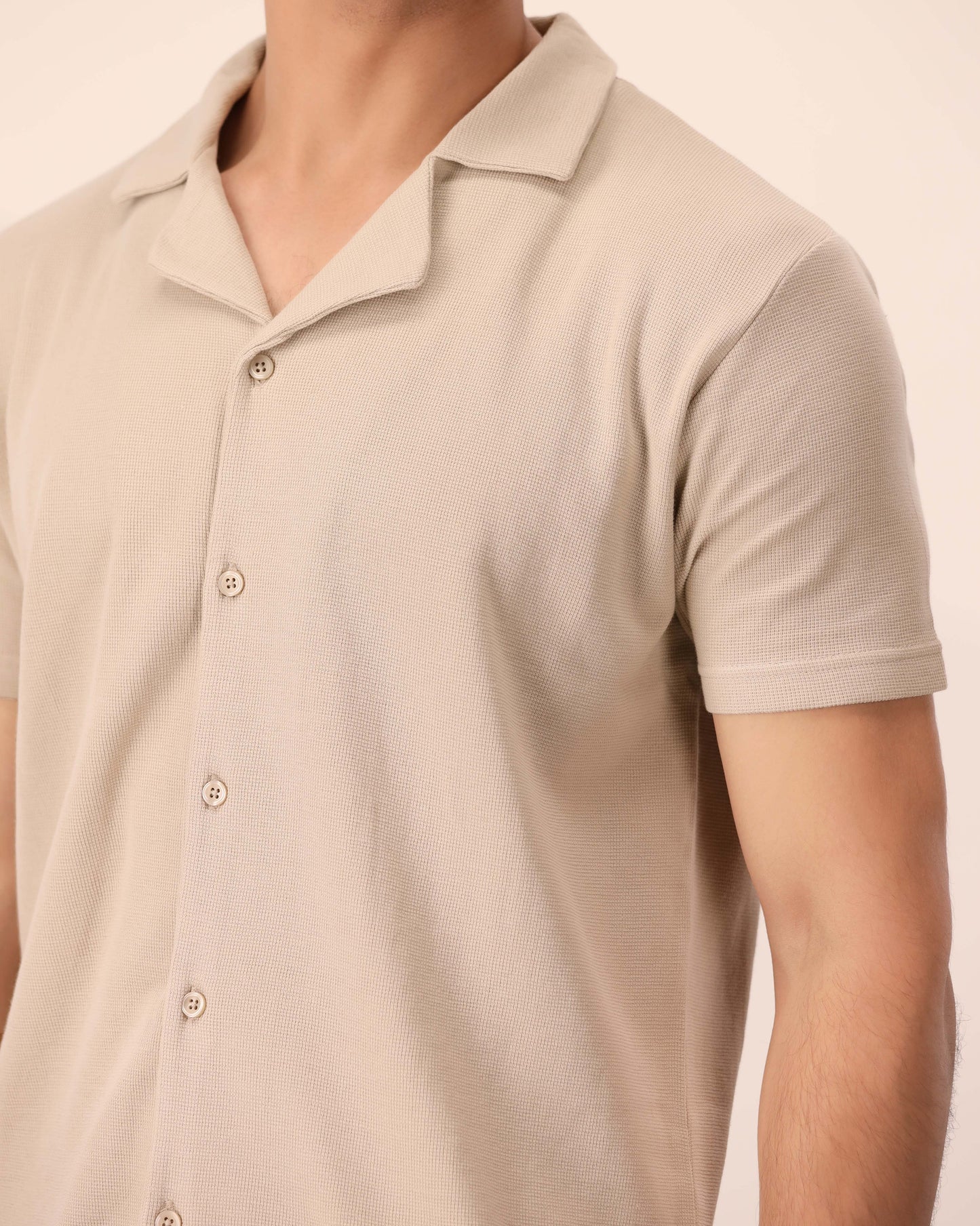 BEIGE WAFFLE KNIT CUBAN SHIRT