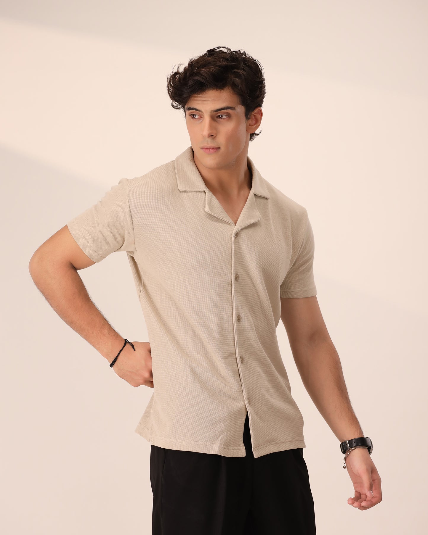 BEIGE WAFFLE KNIT CUBAN SHIRT