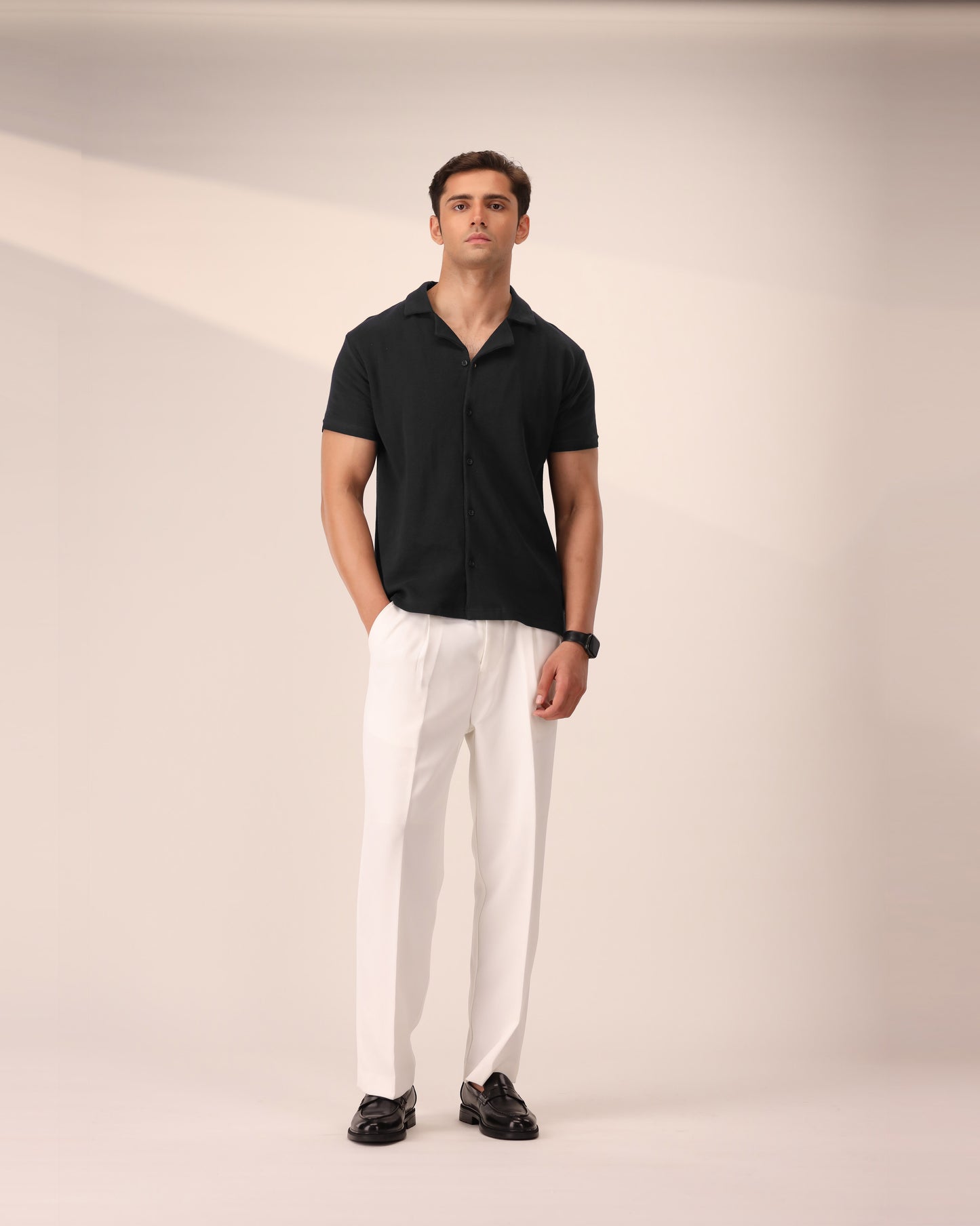 BLACK WAFFLE KNIT CUBAN SHIRT
