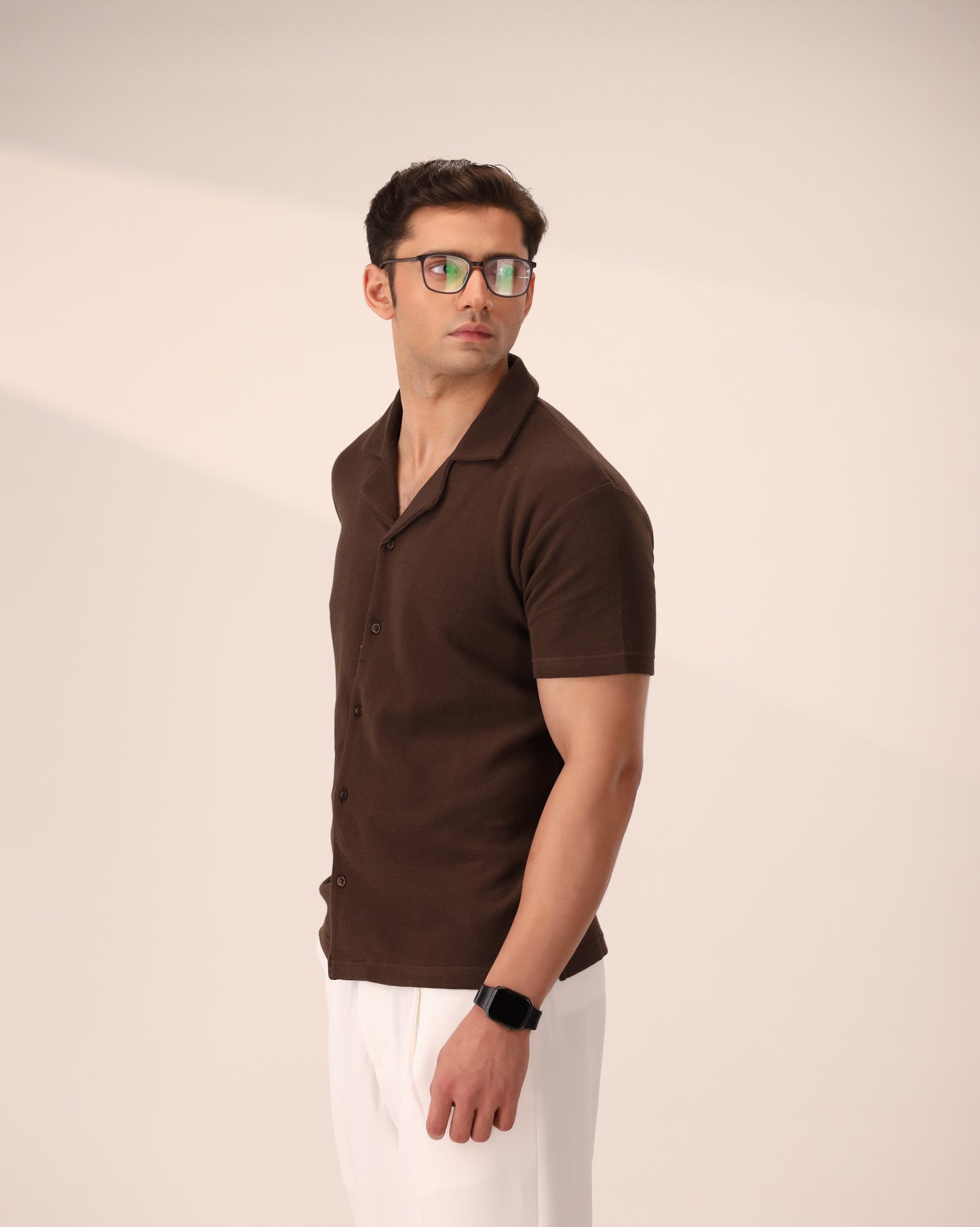 DARK BROWN WAFFLE KNIT CUBAN SHIRT