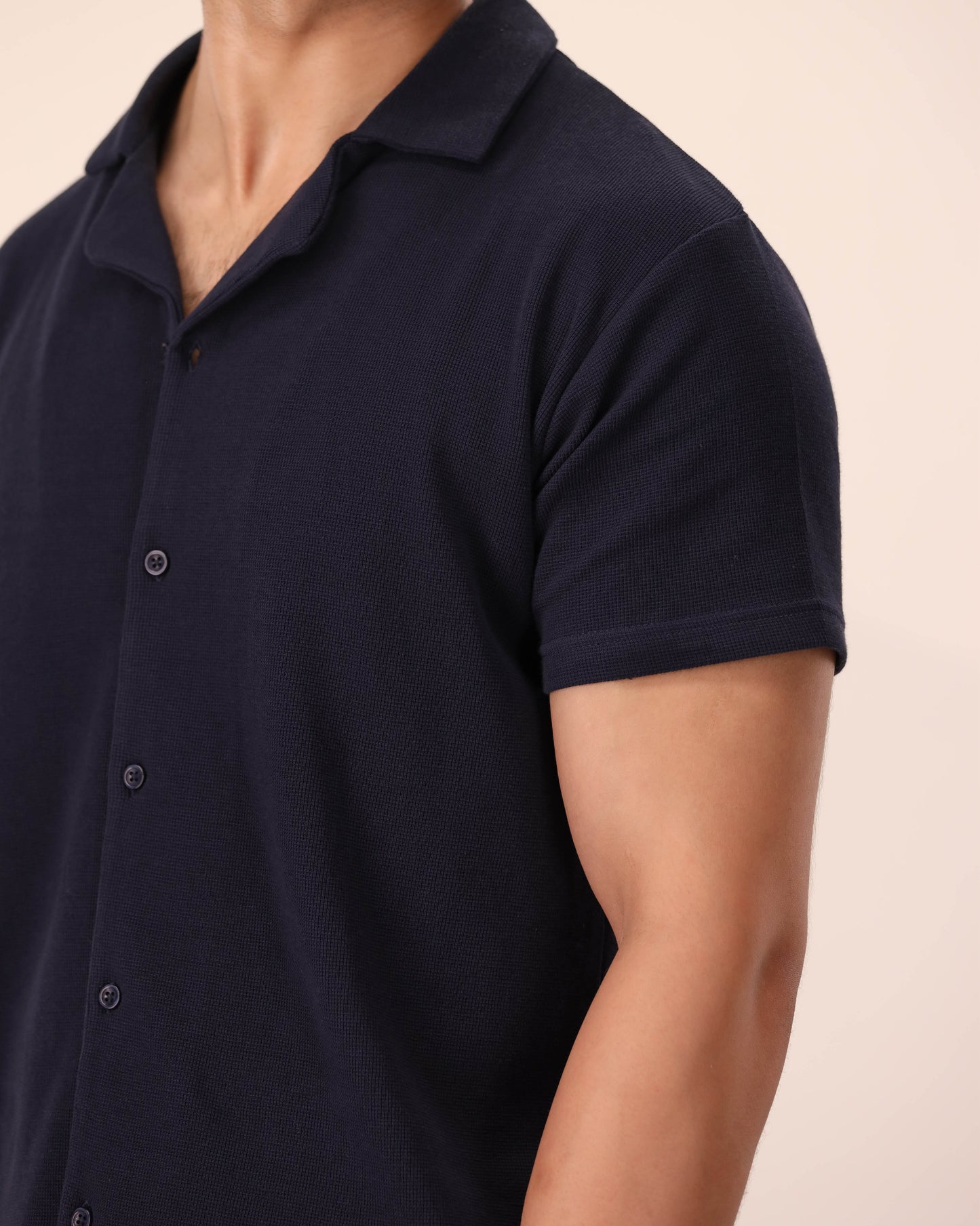 NAVY WAFFLE KNIT CUBAN SHIRT
