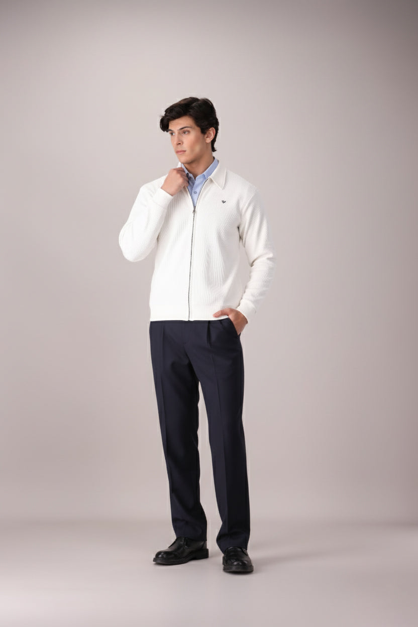 OFF WHITE RIB KNITTED FULL ZIPPER