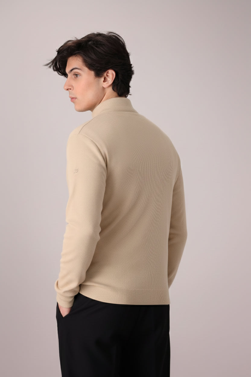 BEIGE RIB KNITTED QUARTER ZIPPER