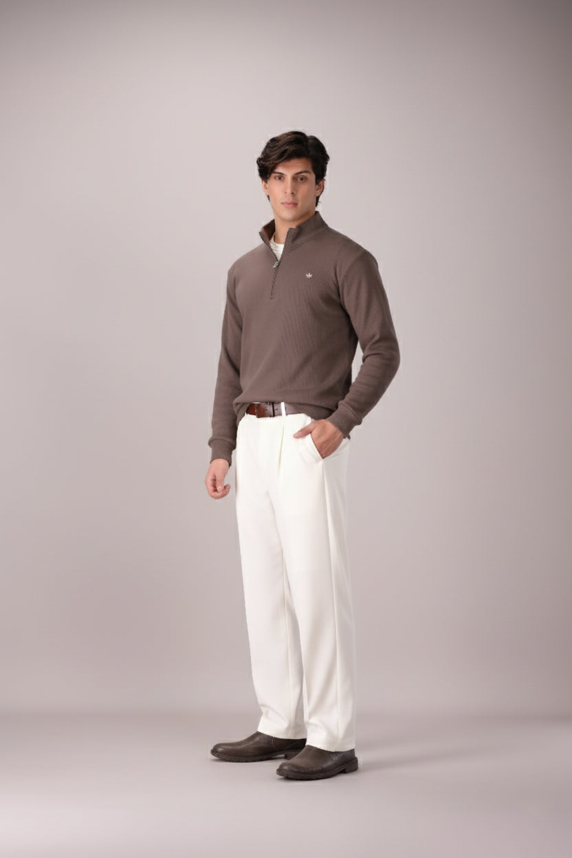 CARAMEL BROWN RIB KNITTED QUARTER ZIPPER