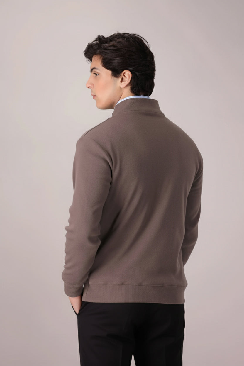 SAND BROWN RIB KNITTED QUARTER ZIPPER