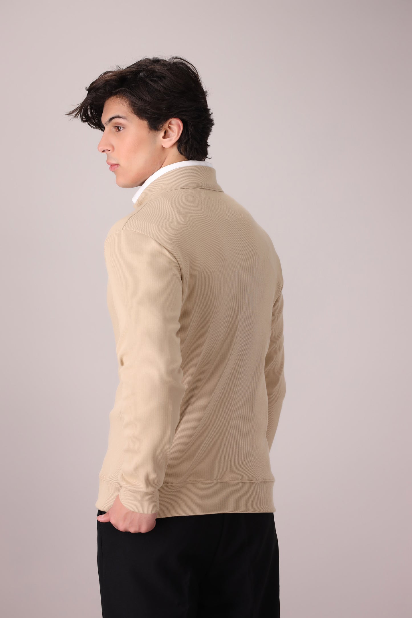 BEIGE RIB KNITTED QUARTER ZIPPER