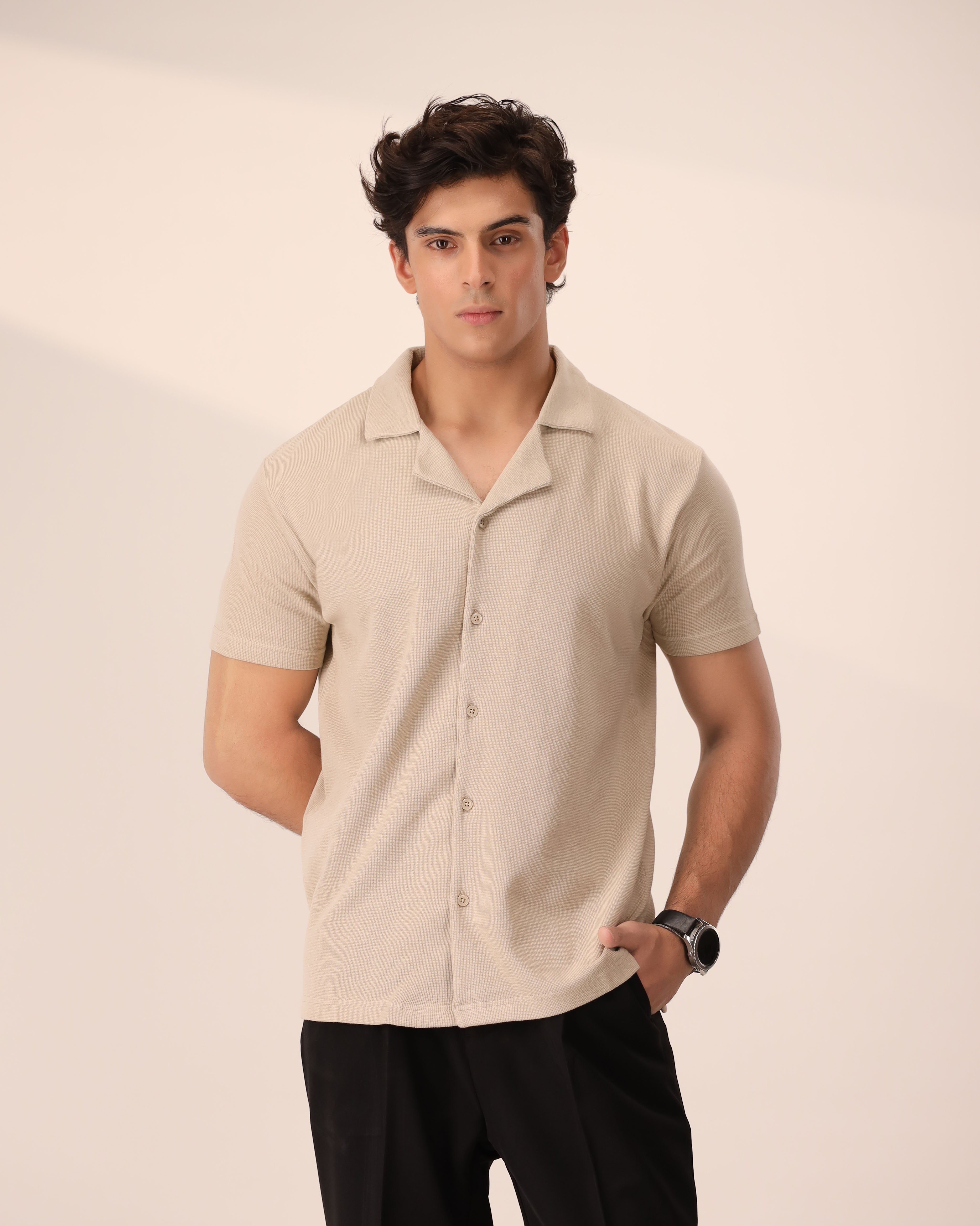 ★DRAW FIT★ Dwell Open Collar Waffle Shirt [BEIGE] Sol Beach waffle knit beach shirt in beige | ASOS