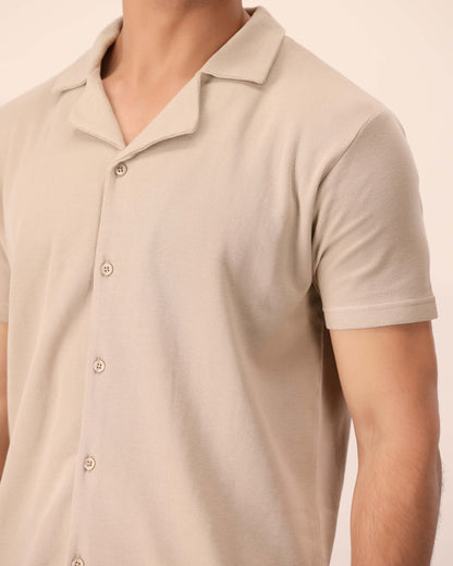 BEIGE WAFFLE KNIT CUBAN SHIRT