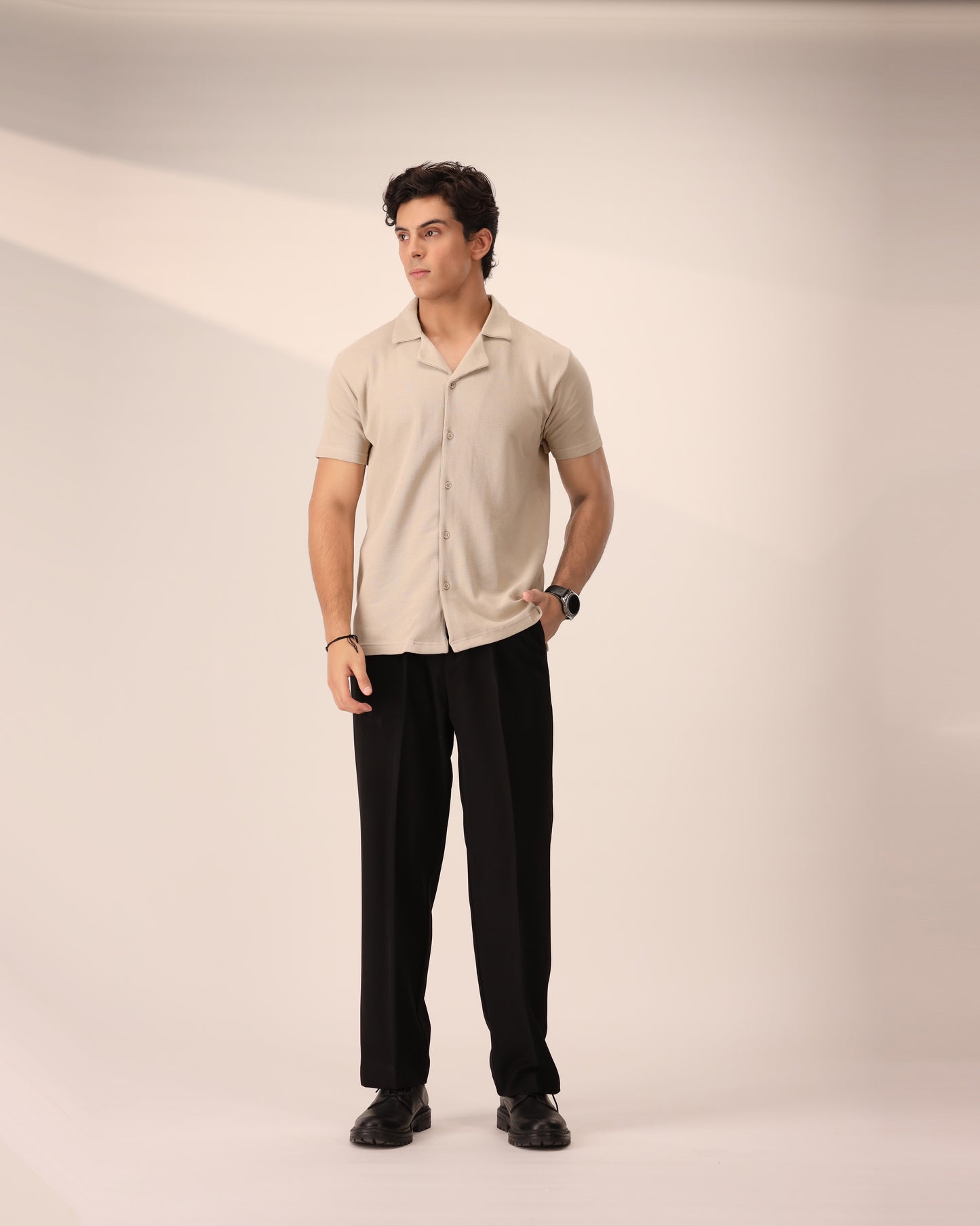 BEIGE WAFFLE KNIT CUBAN SHIRT