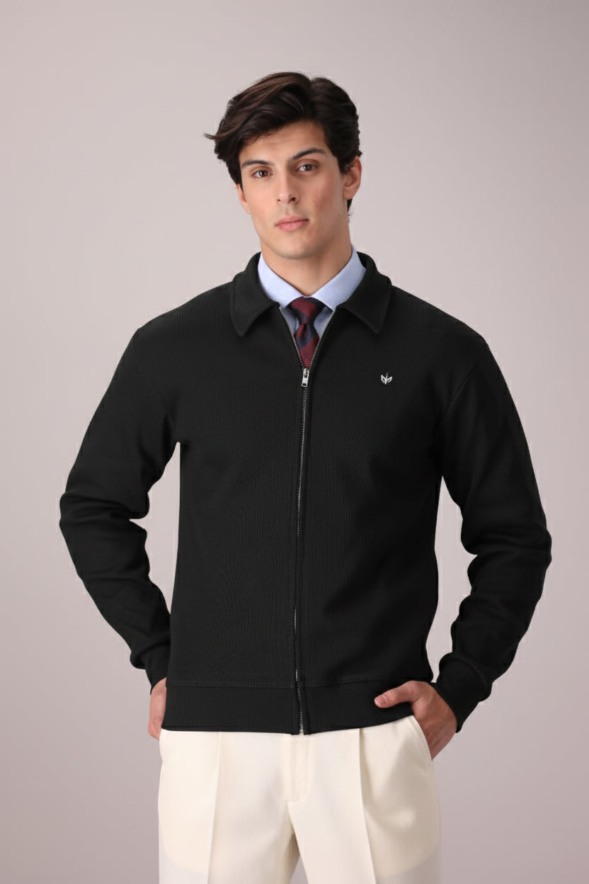 BLACK RIB KNITTED FULL ZIPPER
