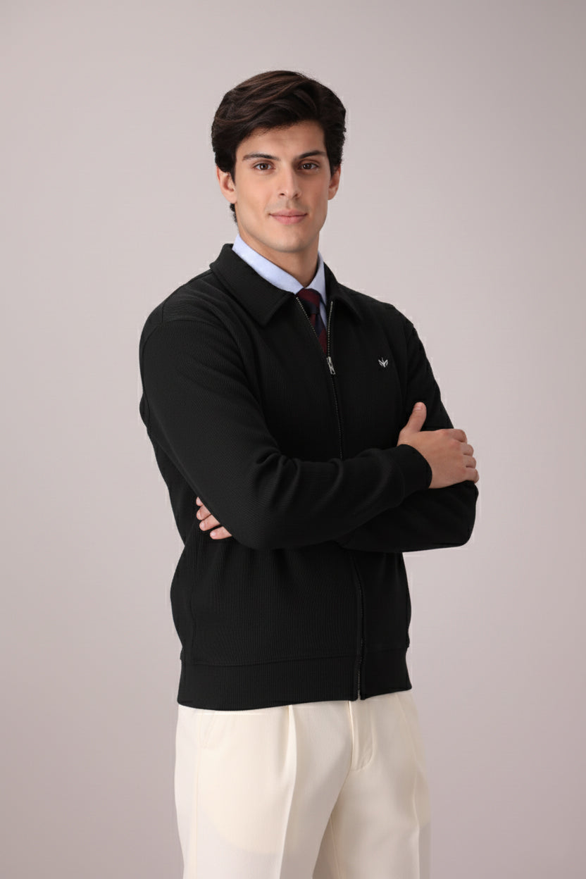 BLACK RIB KNITTED FULL ZIPPER