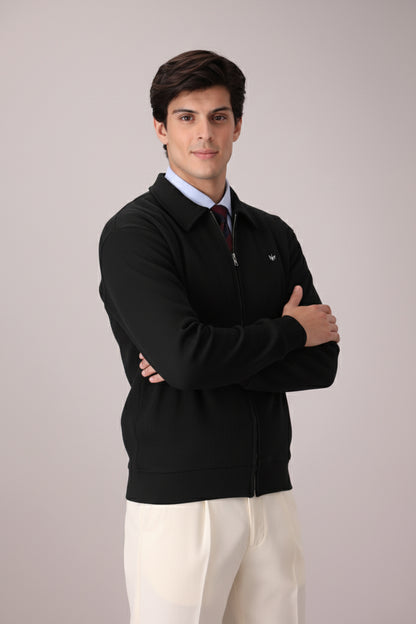 BLACK RIB KNITTED FULL ZIPPER