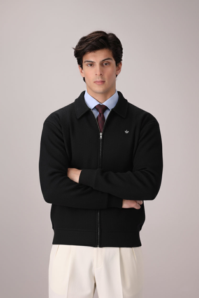 BLACK RIB KNITTED FULL ZIPPER