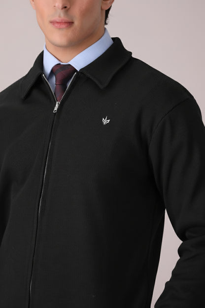 BLACK RIB KNITTED FULL ZIPPER