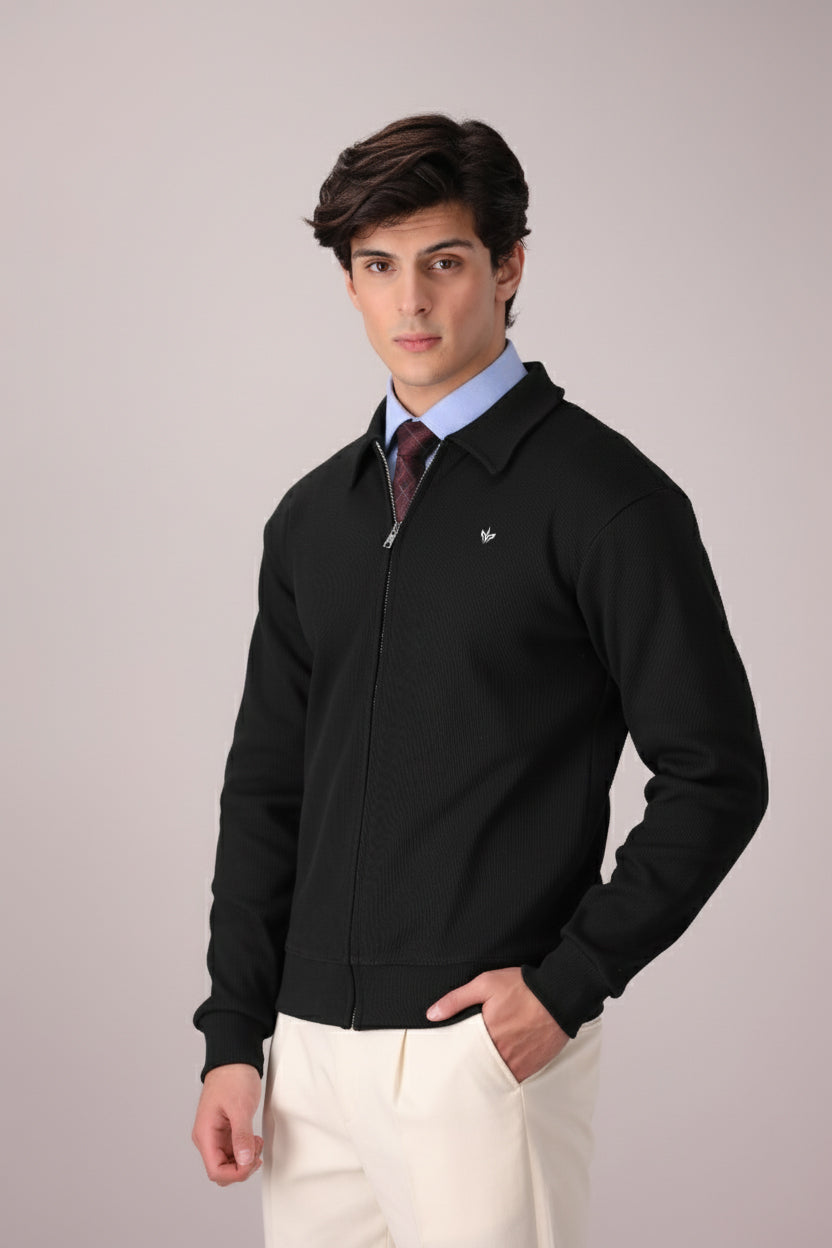BLACK RIB KNITTED FULL ZIPPER