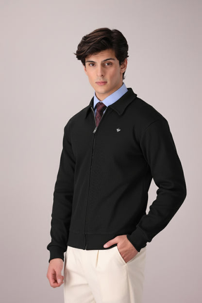 BLACK RIB KNITTED FULL ZIPPER