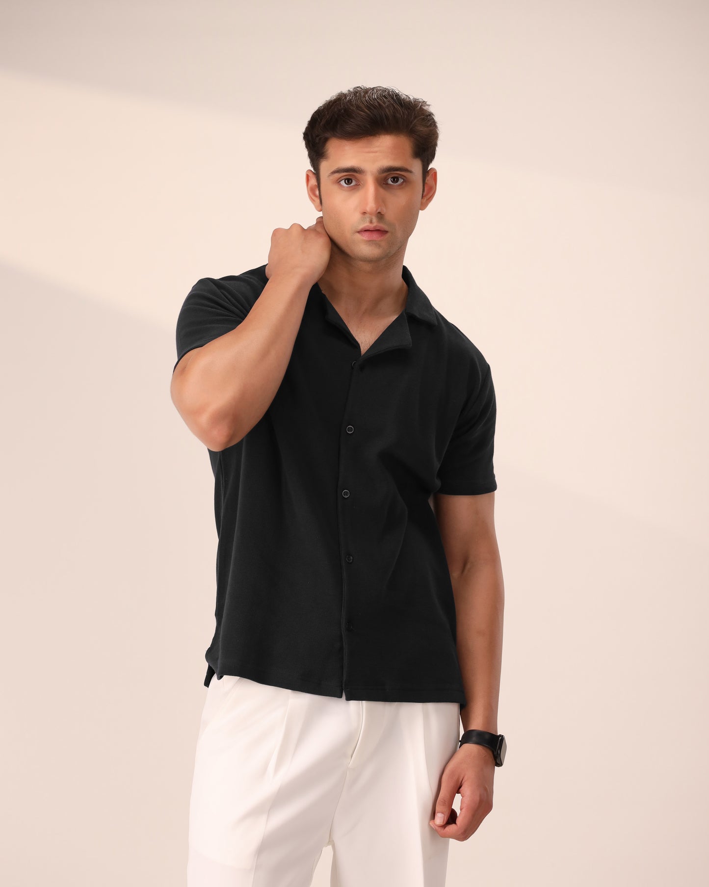 BLACK WAFFLE KNIT CUBAN SHIRT
