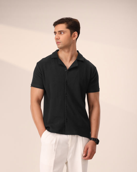 BLACK WAFFLE KNIT CUBAN SHIRT