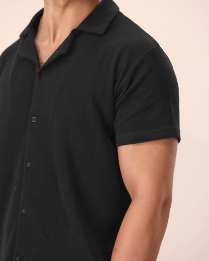 BLACK WAFFLE KNIT CUBAN SHIRT