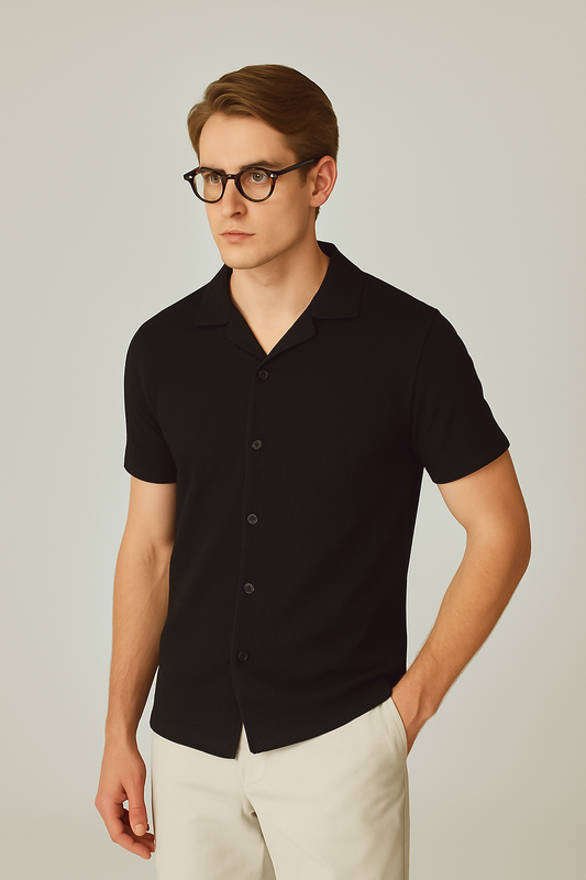 BLACK WAFFLE KNIT CUBAN SHIRT