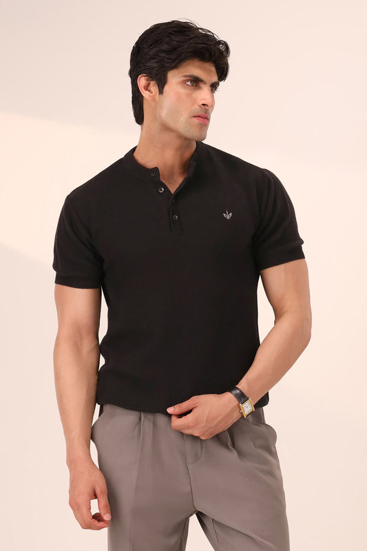 BLACK MESH KNITTED HENLEY