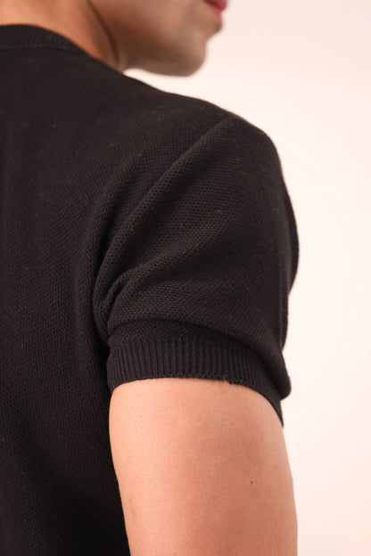 BLACK MESH KNITTED HENLEY