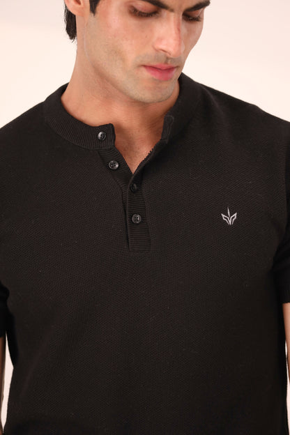 BLACK MESH KNITTED HENLEY