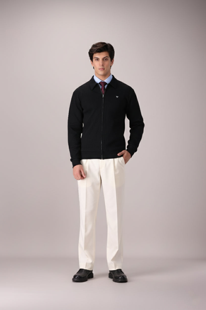 BLACK RIB KNITTED FULL ZIPPER