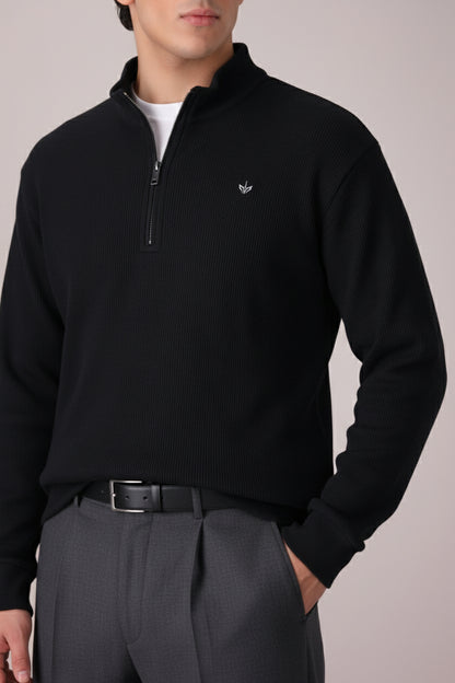 BLACK RIB KNITTED QUARTER ZIPPER