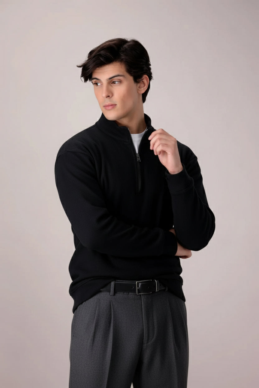 BLACK RIB KNITTED QUARTER ZIPPER