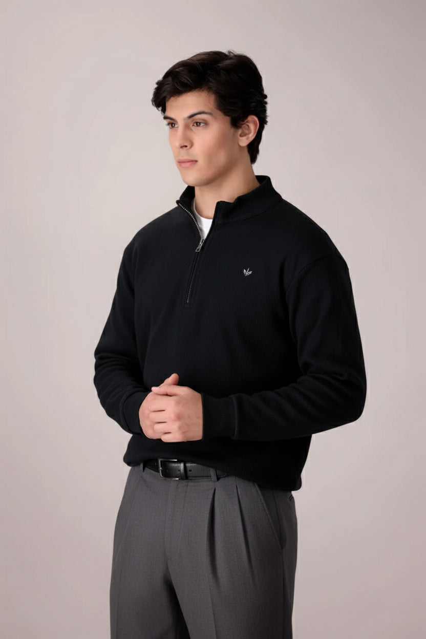 BLACK RIB KNITTED QUARTER ZIPPER