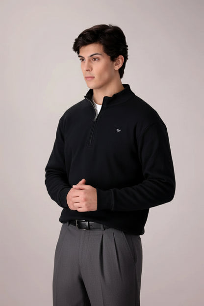 BLACK RIB KNITTED QUARTER ZIPPER