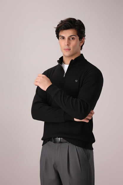 BLACK RIB KNITTED QUARTER ZIPPER