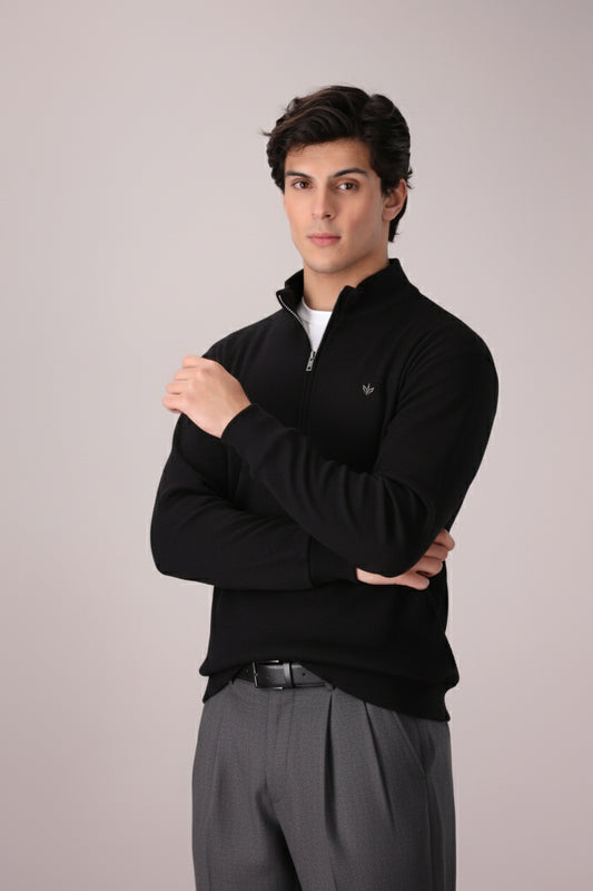 BLACK RIB KNITTED QUARTER ZIPPER