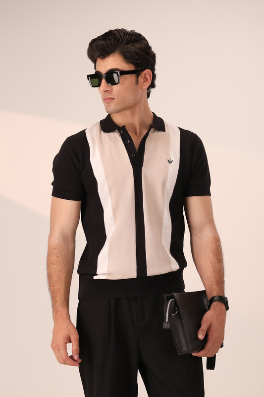BLACK STRIPED KNIT POLO
