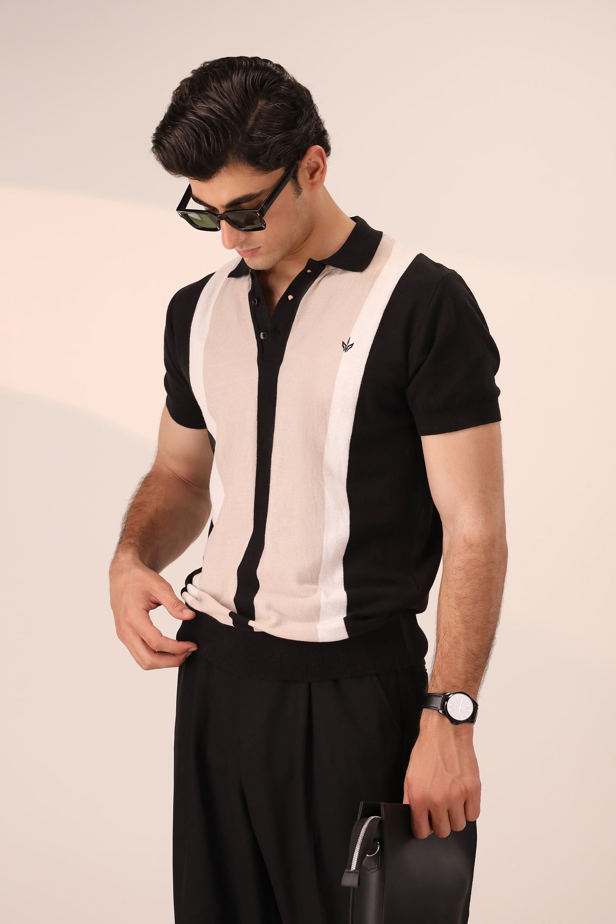 BLACK STRIPED KNIT POLO