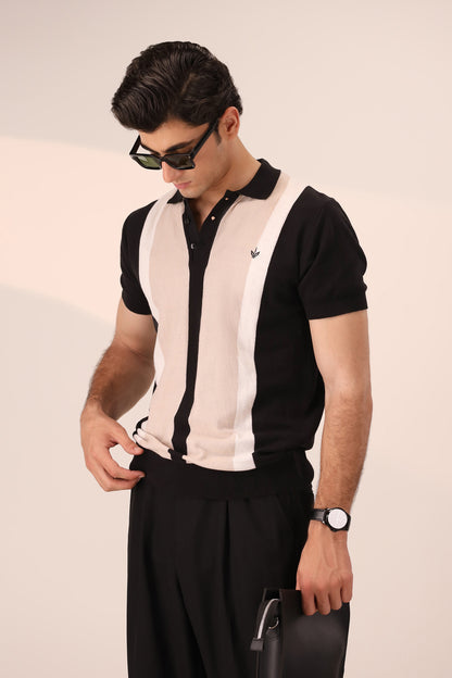 BLACK STRIPED KNIT POLO