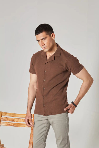 BROWN WAFFLE KNIT CUBAN SHIRT