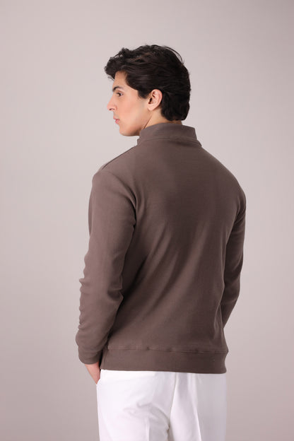 CARAMEL BROWN RIB KNITTED QUARTER ZIPPER