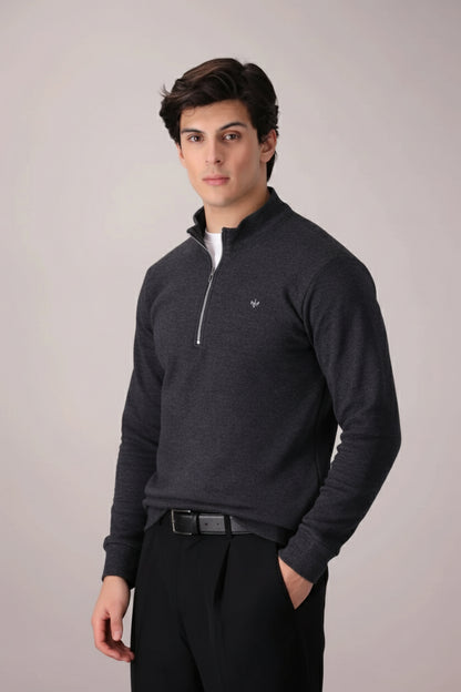 CHARCOAL TEXTURED KNIT QUARTER ZIPPER