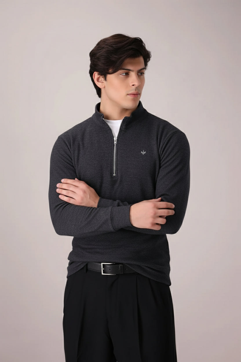 CHARCOAL TEXTURED KNIT QUARTER ZIPPER