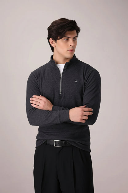 CHARCOAL TEXTURED KNIT QUARTER ZIPPER
