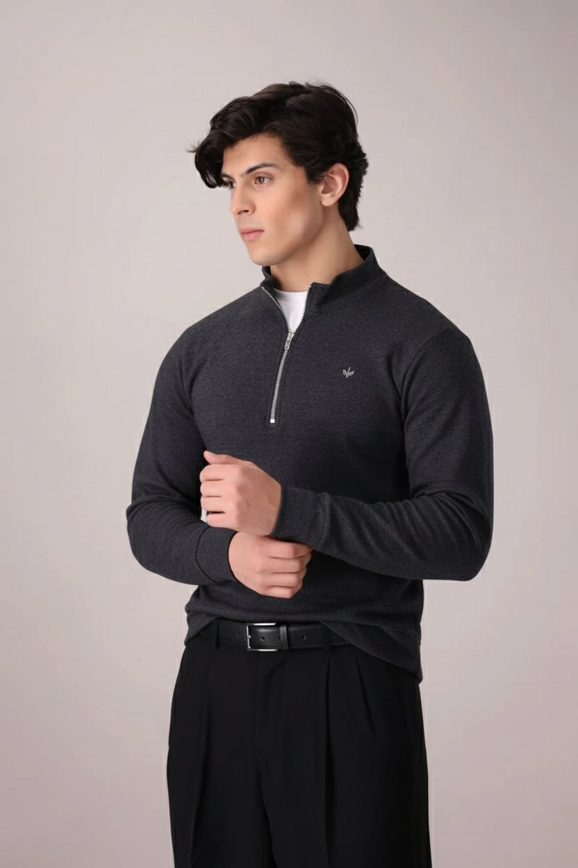 CHARCOAL TEXTURED KNIT QUARTER ZIPPER