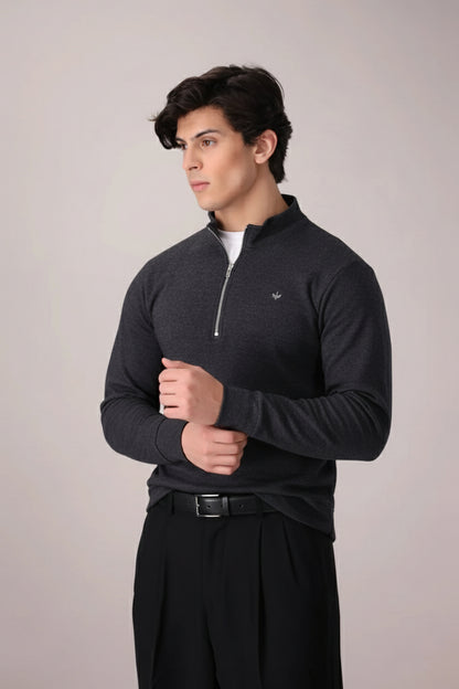 CHARCOAL TEXTURED KNIT QUARTER ZIPPER
