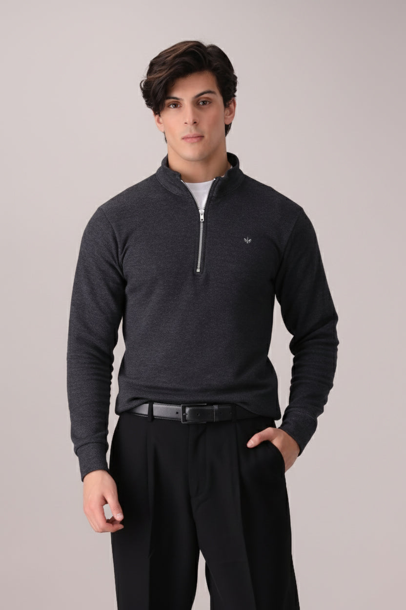 CHARCOAL TEXTURED KNIT QUARTER ZIPPER