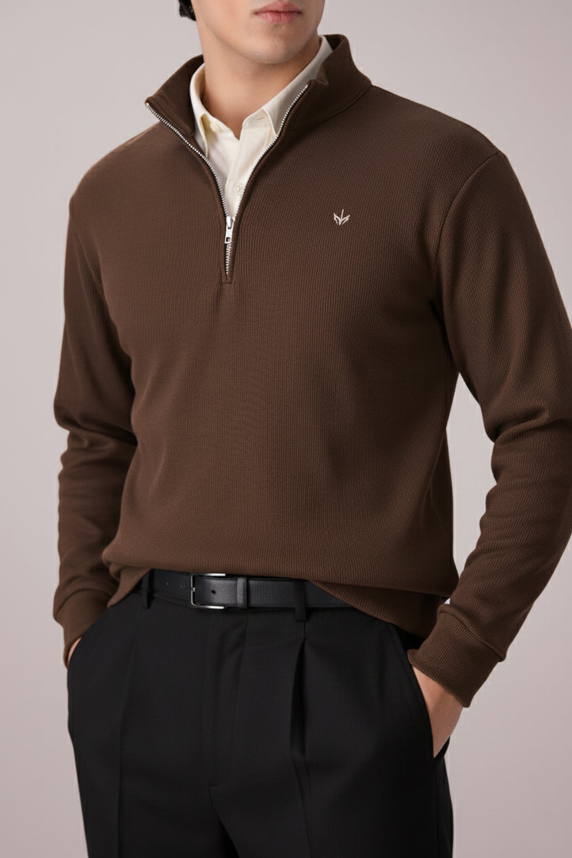 CHOCOLATE RIB KNITTED QUARTER ZIPPER