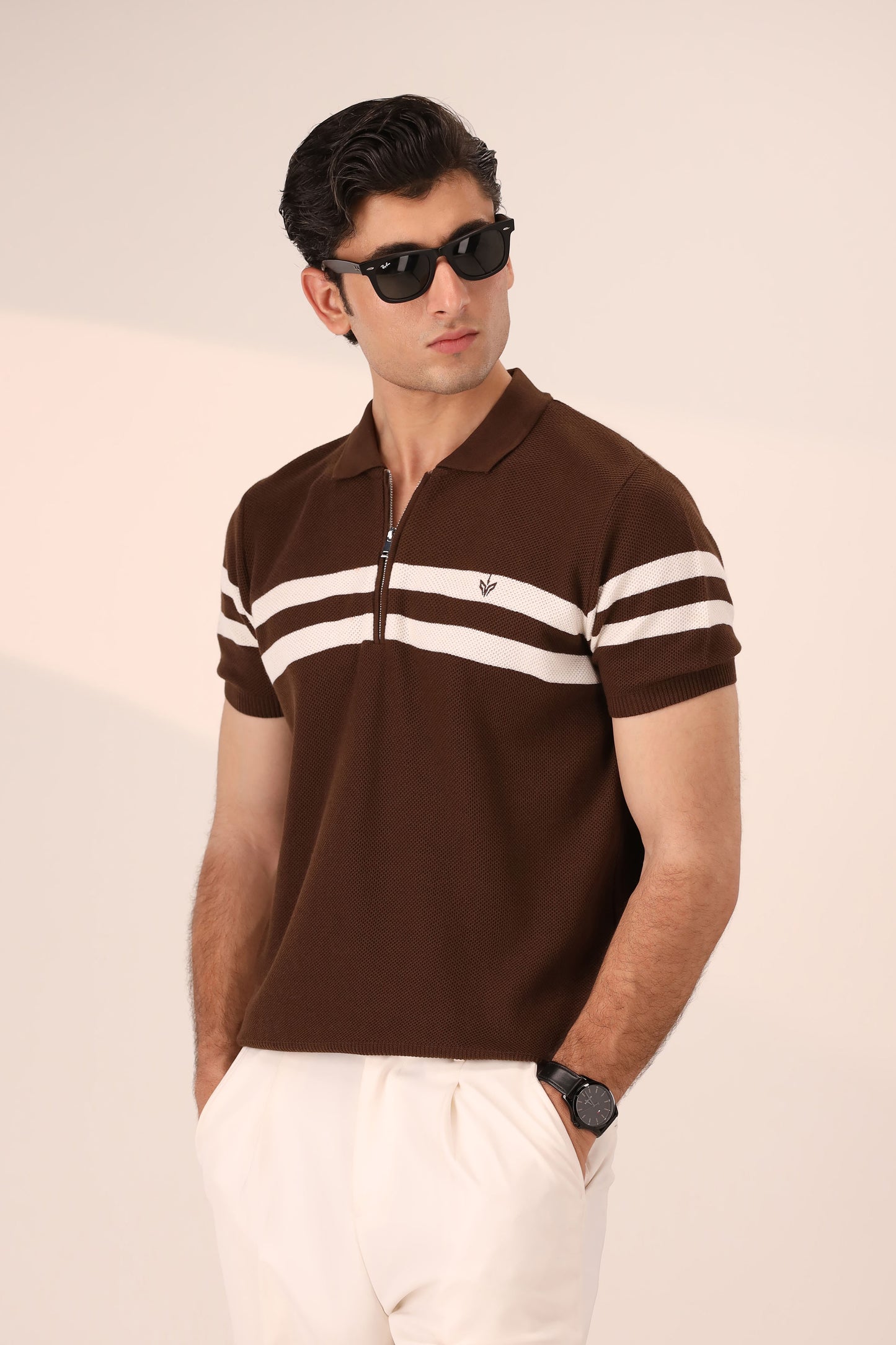 CHOCOLATE STRIPED MESH KNITTED POLO