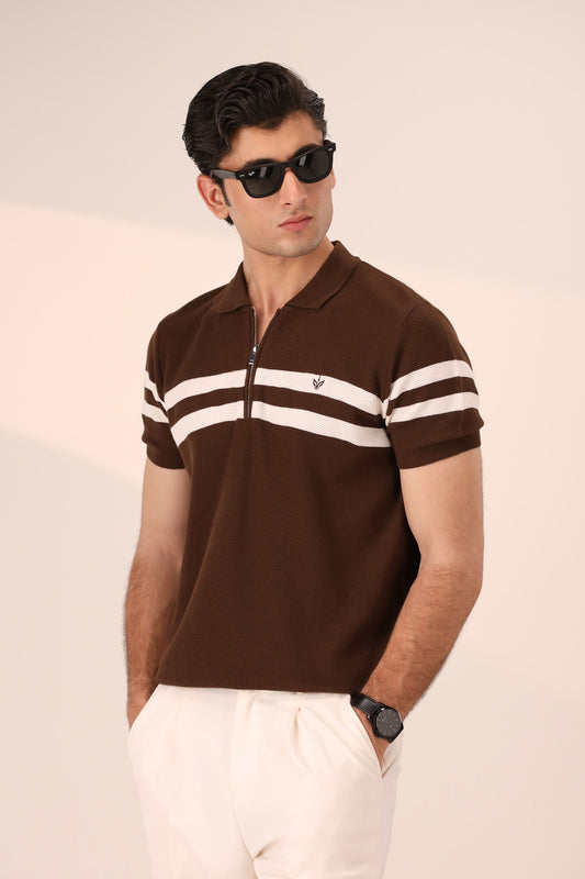 CHOCOLATE STRIPED MESH KNITTED POLO