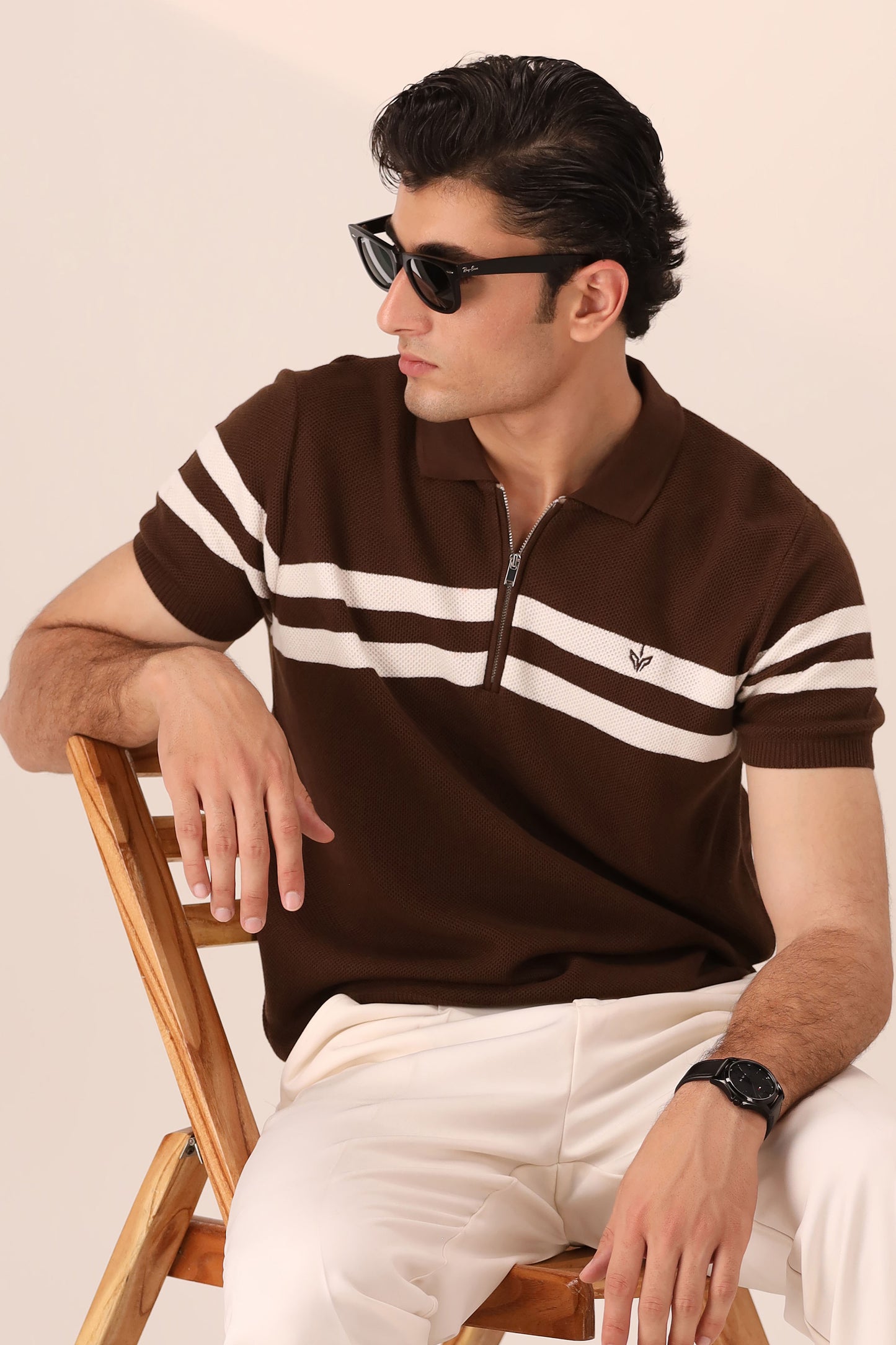 CHOCOLATE STRIPED MESH KNITTED POLO