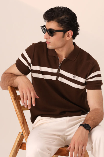 CHOCOLATE STRIPED MESH KNITTED POLO